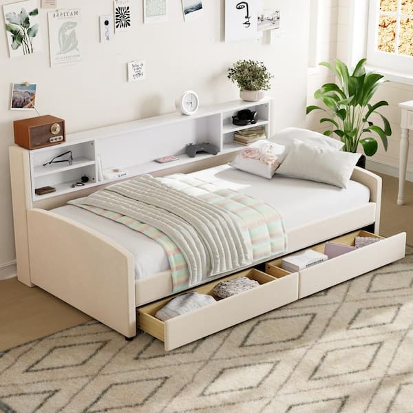 Nestfair Beige Twin Upholstered Daybed with 2 Large Drawers and Storage Shelf