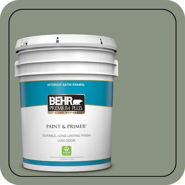 BEHR PREMIUM PLUS 5 gal. #N390-5 Eucalyptus Wreath Satin Enamel Low Odor Interior Paint & Primer
