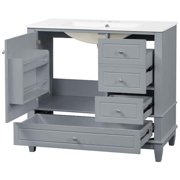 36 in. Single Sink Freestanding Gray Bath Vanity with White Ceramic Top, 3 Drawers, Soft Close Doors, Unassembled