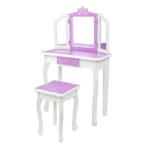 3-Fold Mirror Single Drawer Purple Color Children Vanity Table Sets 2-of Pieces