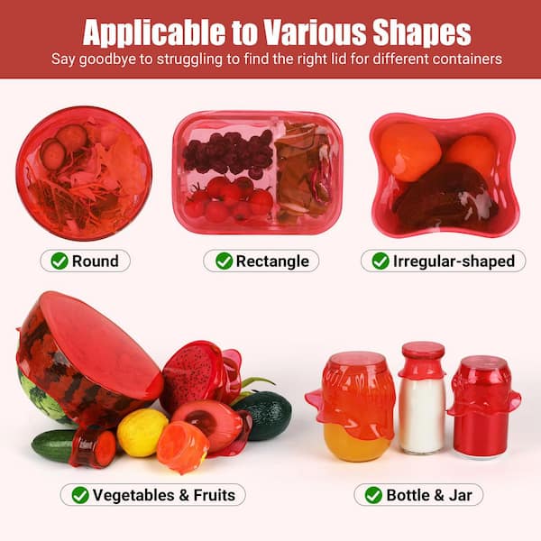 Red Reusable Silicone Stretch Elastic Food Covers for Bowls, Round, and Rectangle Containers (6-Pack)