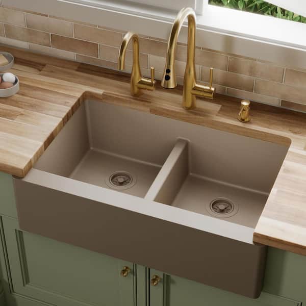Farmhouse Apron Front Quartz/Granite Composite 34 in. Double Bowl Kitchen Sink in Concrete