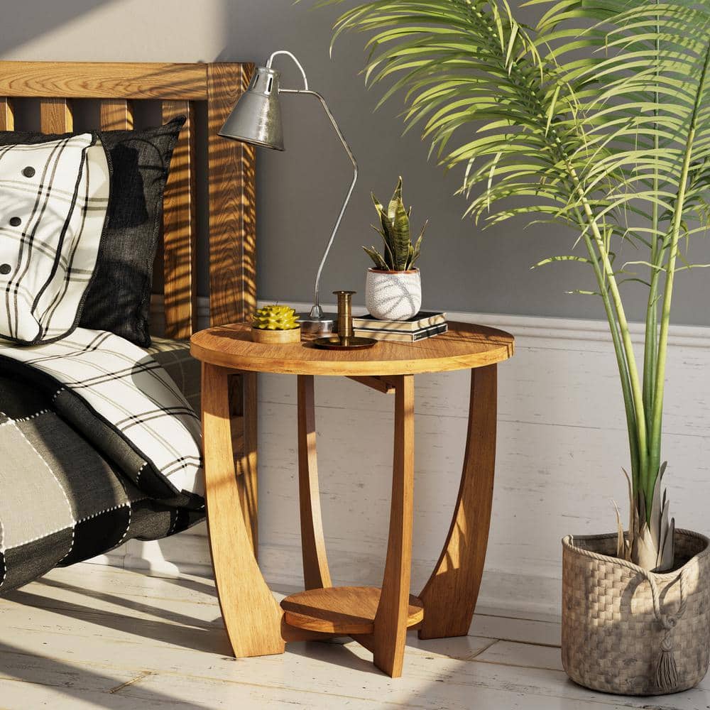 Rustic Caramel Brown Round Wood End Table with Shelf