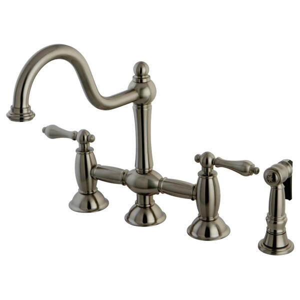 Kingston Brass Restoration 2-Handle Bridge Kitchen Faucet with Side Sprayer in Brushed Nickel