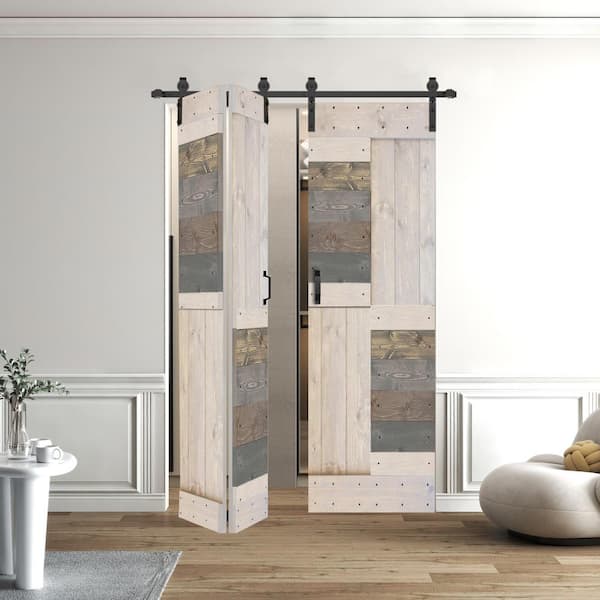 ISLIFE S Style 48in.x84in.(12''X84''X4panels) Multi-Textured Solid Wood Bi-Fold Barn Door With Hardware Kit -Assembly Needed