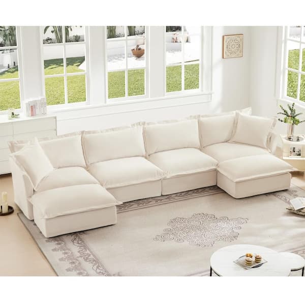 156.6 in Wide Straight Arm ChenilleUu-shaped Reclining Sofa with French Edges Design Multiple Big Pillows in Cream