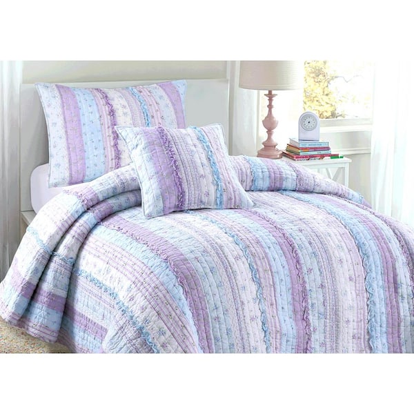 Cozy Line Home Fashions Lavender Orchid Flower Garden Ruffle Lace Stripe 2 Piece Shabby Chic Purple Blue Cotton Twin Quilt Bedding Set Bb01005367bt The Home Depot