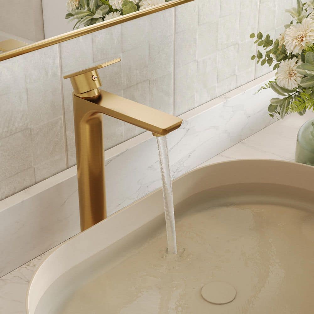 12 in. Faucet Height 1-Handle Single Hole Bathroom Vessel Sink Faucet in Brushed Gold with Pop-Up Drain price history on PriceWatchPro