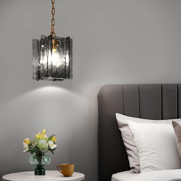 Echonalyri Modern 1-Light Brass Square Pendant Light with Gray Textured Glass Shade for Glam Kitchen Island, Dining Room