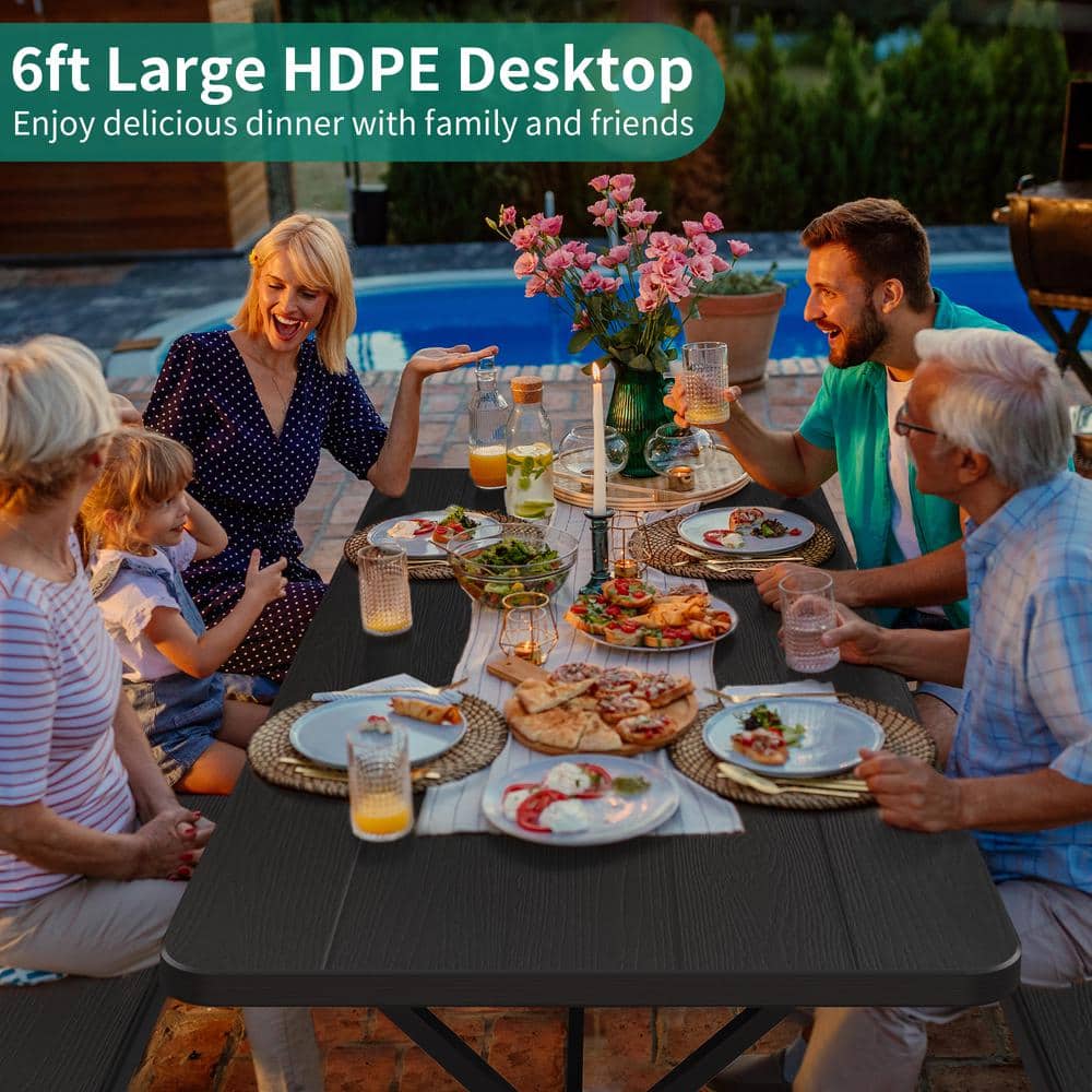 6 ft Black HDPE Outdoor Picnic Table with Stainless Steel Legs