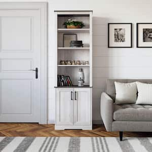 Rustic Ridge 79.75 in. Tall Washed White Engineered Wood 6-Shelf Standard Bookcase with Doors