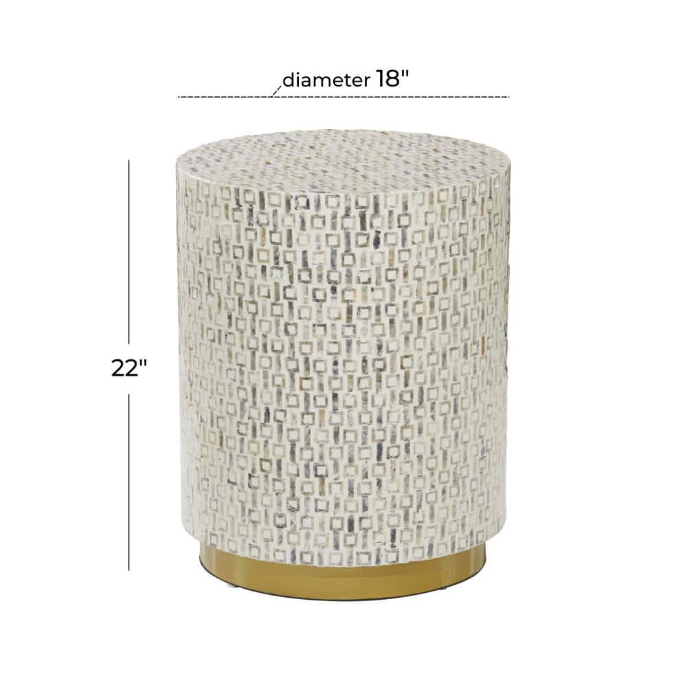 White Round Wood and Metal Accent Table with Pearl Inlays