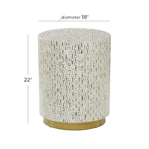 18 in. White Large Cylinder Shell End Table with Gold Base and Geometric Patterns