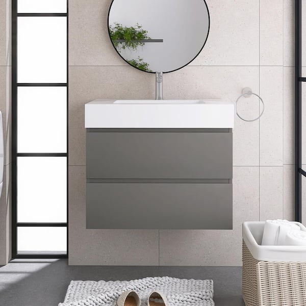 JimsMaison 30 in. W x 18 in. D x 25 in. H Single Sink Wall-Mounted Bath Vanity in Grey with White Cultured Marble Top