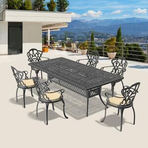 Lily Black 7-Piece Cast Aluminumo Outdoor Dining Set with Rectangle Table and Dining Chairs with Beige Cushion