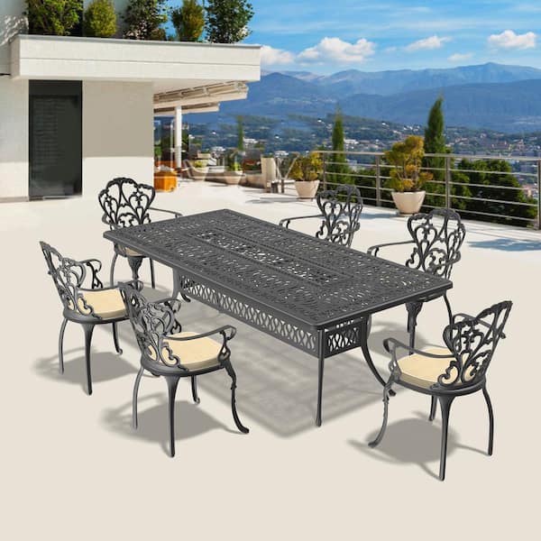 Willit Lily Black 7-Piece Cast Aluminum Outdoor Dining Set with Rectangle Table and Dining Chairs with Random Color Cushion