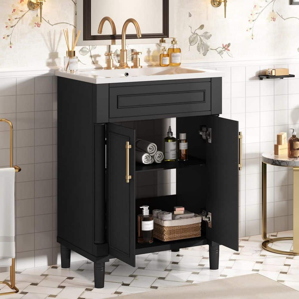24 in. Single Sink Freestanding Black Bath Vanity with White Ceramic Sink Top for Small and Medium Restroom price history on PriceWatchPro