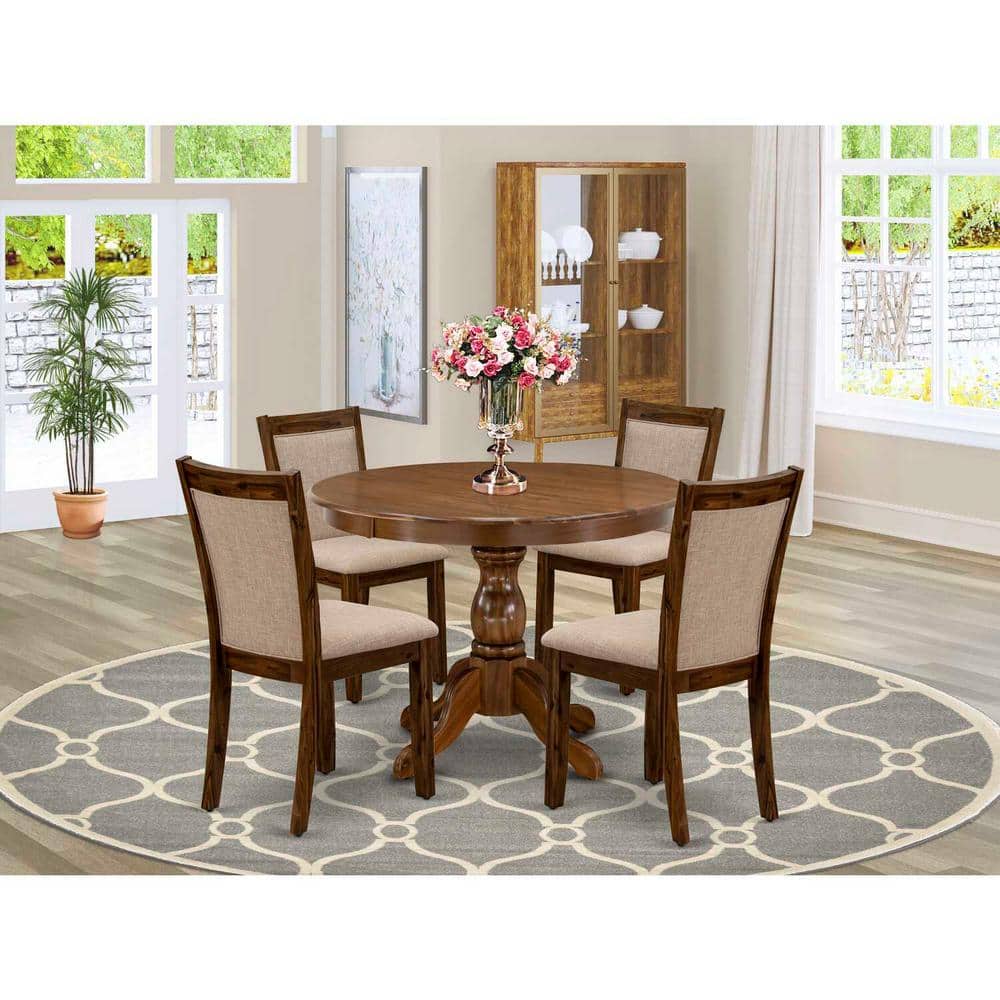 Antique Walnut Round Dining Table Set with Light Tan Linen Chairs
