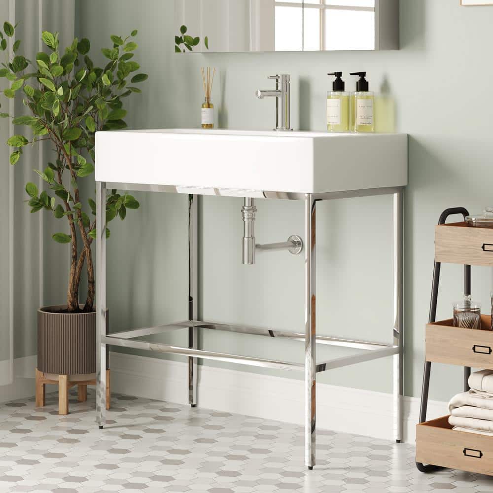 Silver Ceramic Wall-Mount Console Bathroom Sink with Overflow