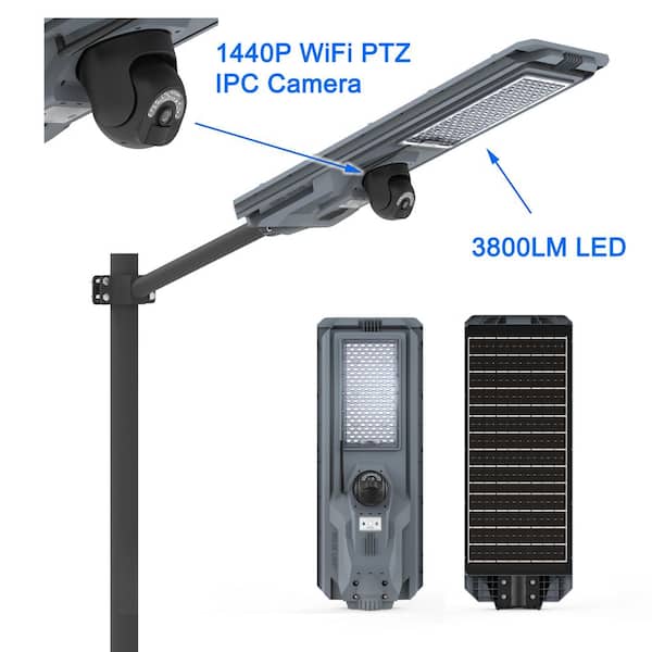 3800LM Solar Power LED Area Parking Light w/ 1440P WiFi PTZ IPC Camera 32GB