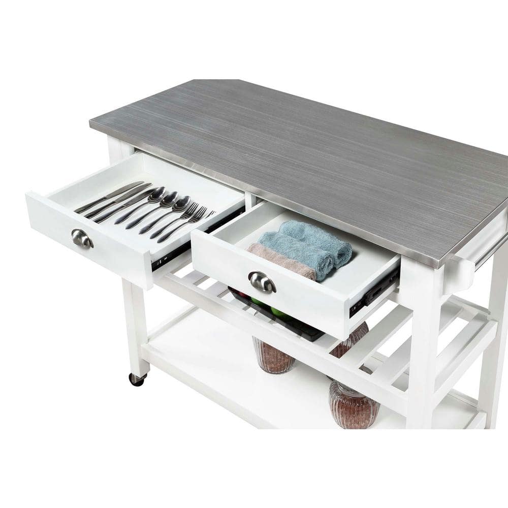 White Stainless Steel Kitchen Cart with Wine Rack and Storage