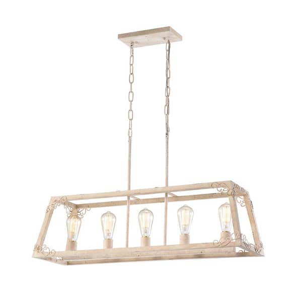 Edvivi Penelope French Country 5-Light Antique White Finish Farmhouse Linear Island Chandelier with Filigree Accents