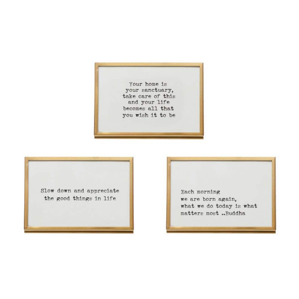 Set of 3 Gold Metal and Glass Motivational Quote Frames