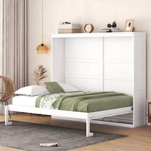 White Wood Frame Queen Size Murphy Bed, Wall Bed Folded into a Cabinet