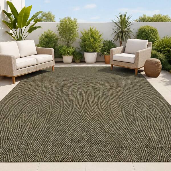 Rowena Easy Jute Scandinavian Boho Herringbone Weave Brown 8 ft. x 10 ft. Indoor/Outdoor Area Rug