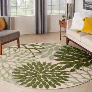 Aloha Ivory Green 8 ft. x 8 ft. Floral Contemporary Round Indoor Area Rug
