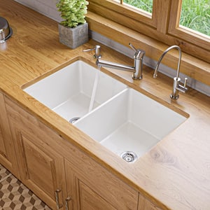 32 in. Drop-In Double Bowl White Fireclay Kitchen Sink, Grids Included