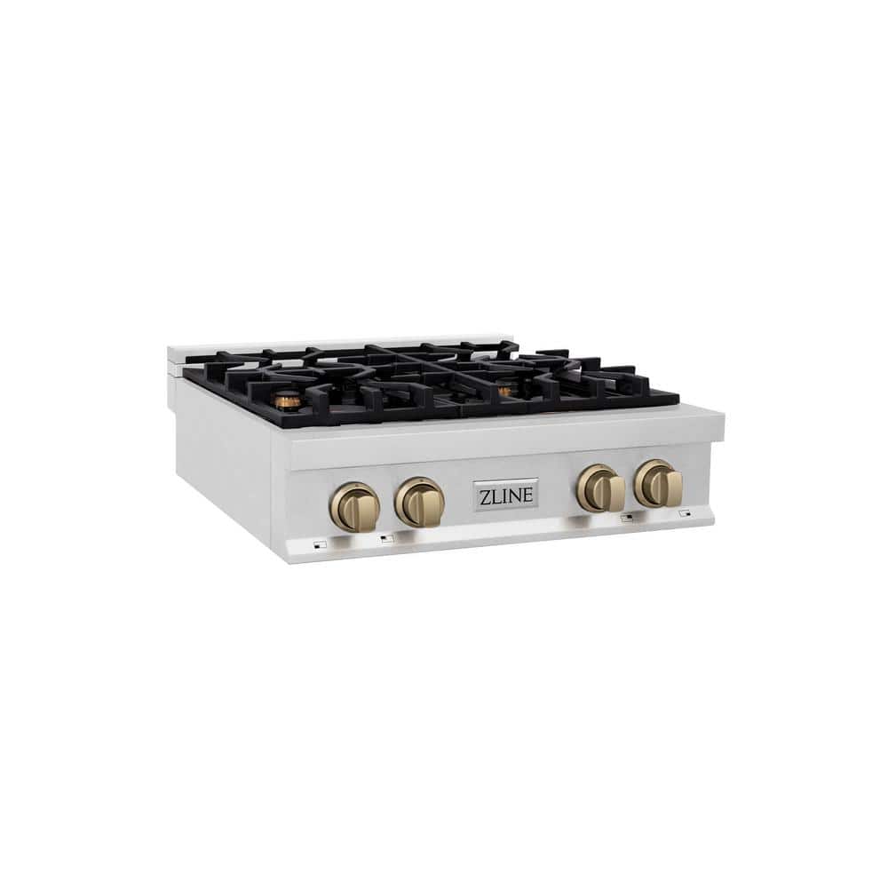 ZLINE Kitchen and Bath Autograph Edition 30 in. 4 Burner Front Control Gas Cooktop & Champagne Bronze Knobs in Fingerprint Resistant Stainless, Fingerprint Resistant Stainless Steel & Champagne Bronze