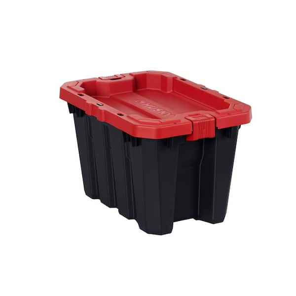 Husky 45 Gal Latch Stack Tote Wheels Black Red Lid Storage Bins