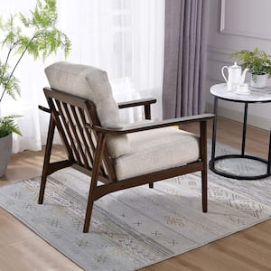 Taupe Linen Upholstered Armchair with Back Pillow, Solid Wood Frame and Soft Cushions