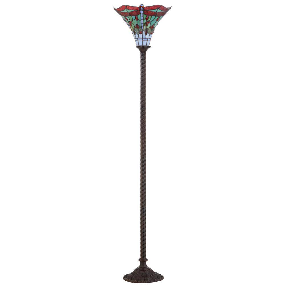 Dragonfly Tiffany-Style 71" Bronze Stained Glass Torchiere Lamp