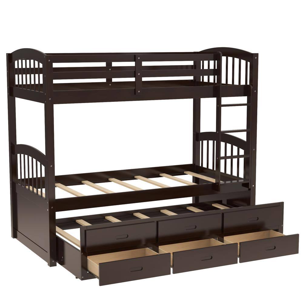 Harper & Bright Designs Espresso Chamblee Twin over Twin Bunk Bed with Trundle and Drawers - 2