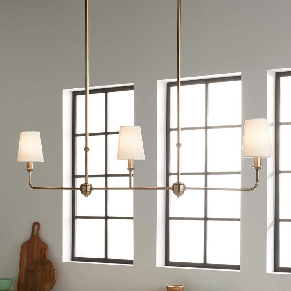 Brushed Natural Brass 3-Light Linear Chandelier with Fabric Shades