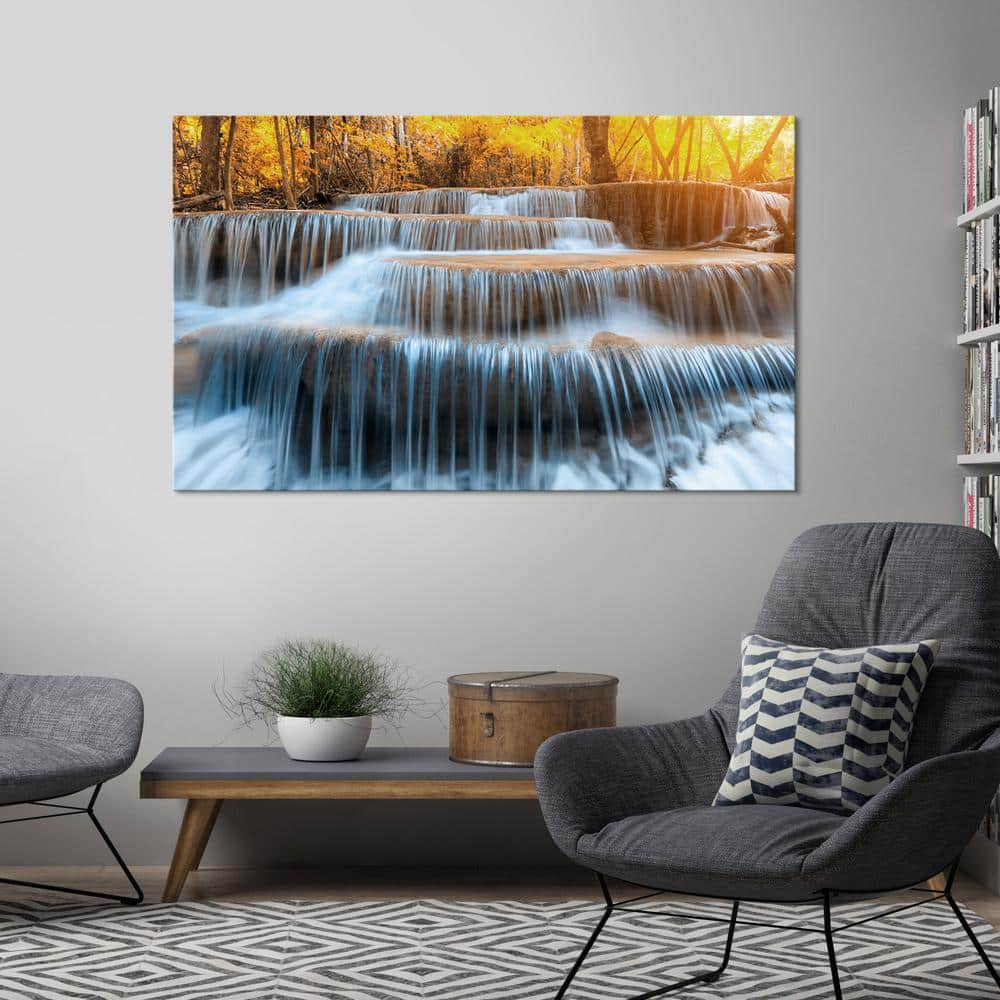 Autumn Waterfall Tempered Glass Landscape Wall Art