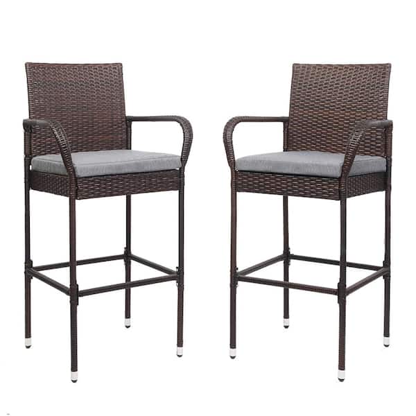 VINGLI Brown Wicker Outdoor Bar Stool with Gray Cushion (2-Pack)