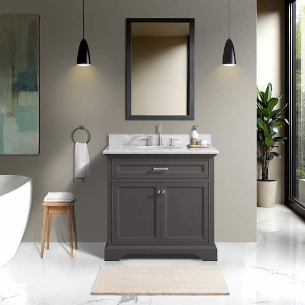 Windlowe 37 in. Single Sink Gray Bath Vanity with White Carrara Marble Top (Assembled)