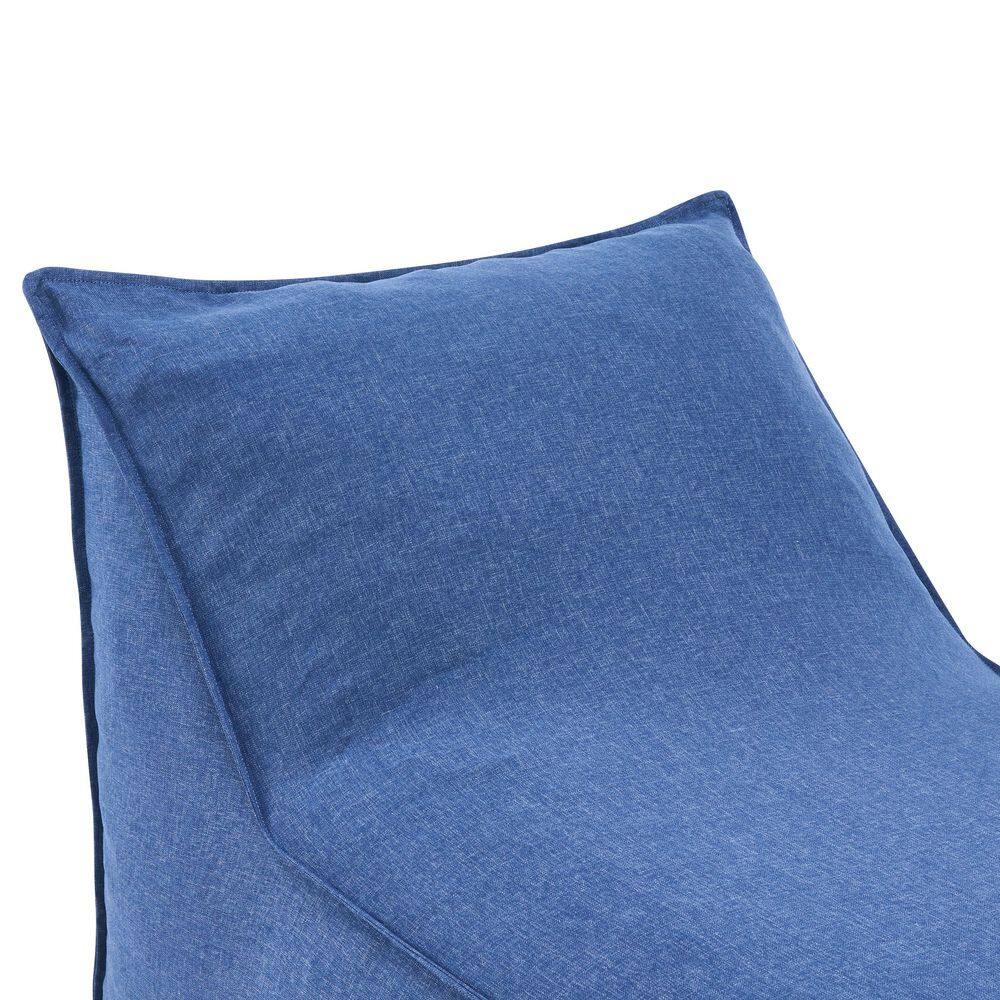 Close-up of the top corner of a navy blue bean bag chair.