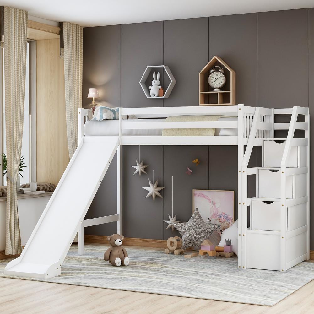 GODEER White Twin Loft Bed with Storage and Slide