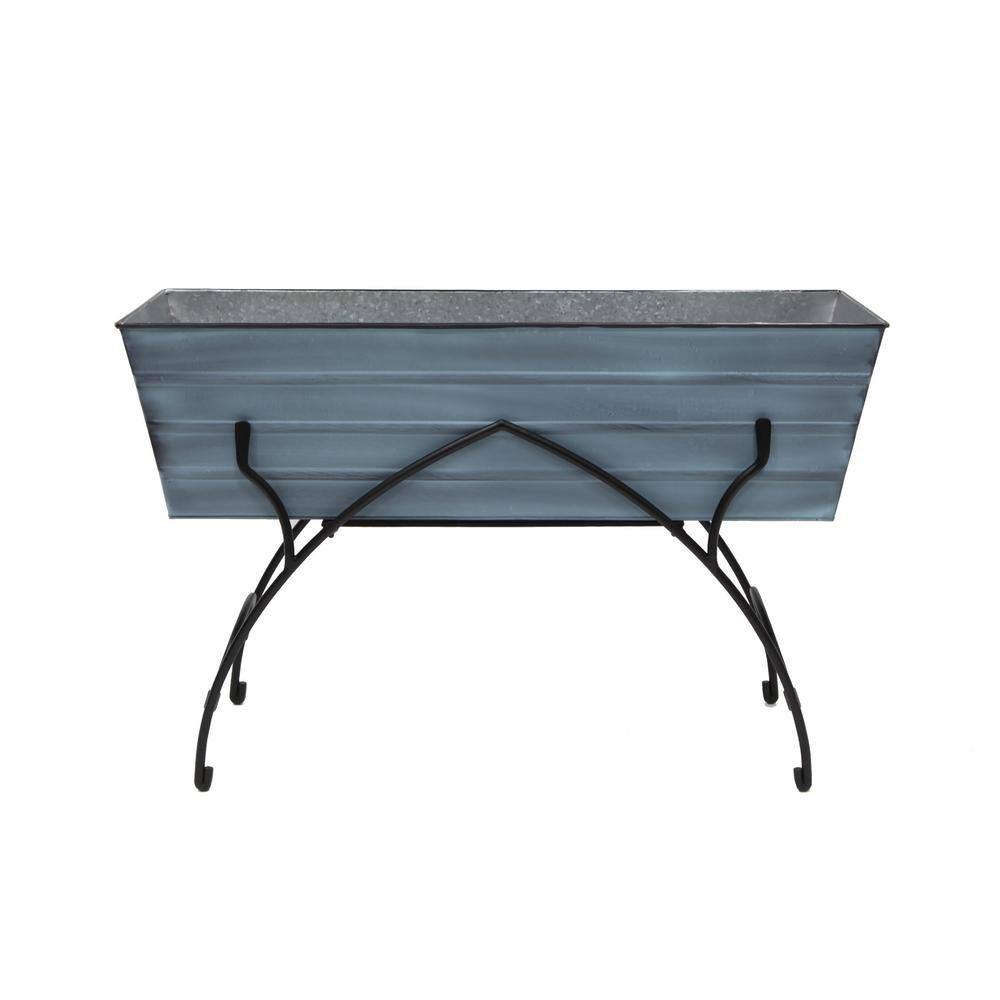 Nantucket Blue Galvanized Steel Flower Planter Box with Iron Stand
