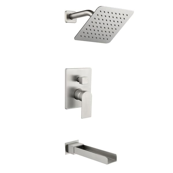 Single Handle 1-Spray Tub and Shower Faucet 1.8 GPM 8 in. Wall Mounted Shower System in Brushed Nickel Valve Included