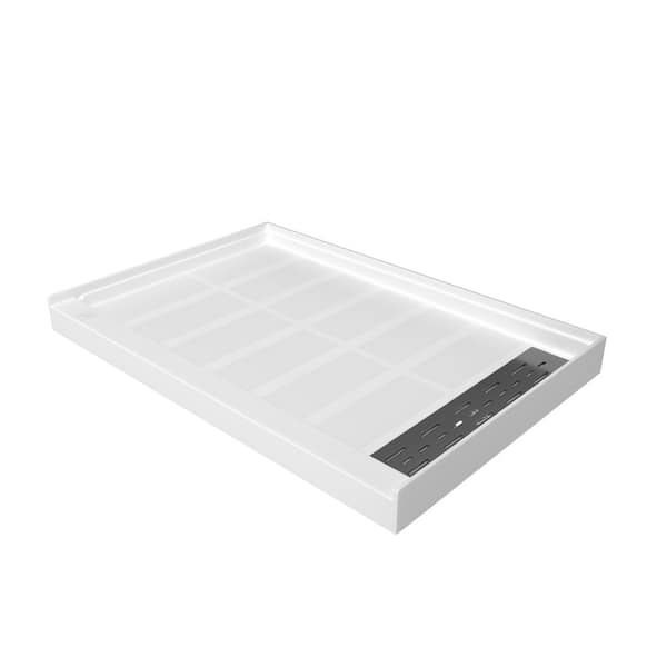 48 in. L x 32 in. W Alcove Single Threshold Shower Pan Base with Right Linear Drain in White, S/S Drain Cover Included