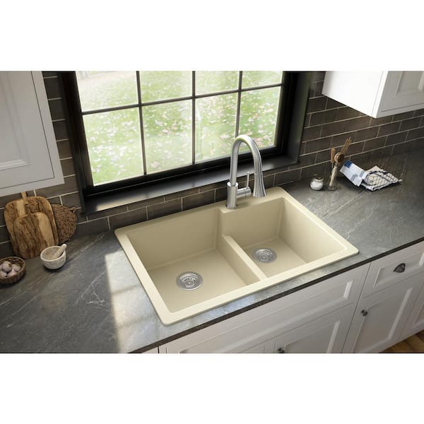 Karran QT-811 Quartz 33 in. 60/40 Double Bowl Drop-In Kitchen Sink in Bisque