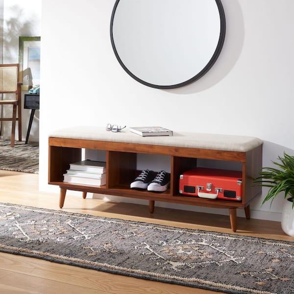 SAFAVIEH Cricket Cream Linen/Natural Acacia Entryway Bench With Cushion 47.64 in.