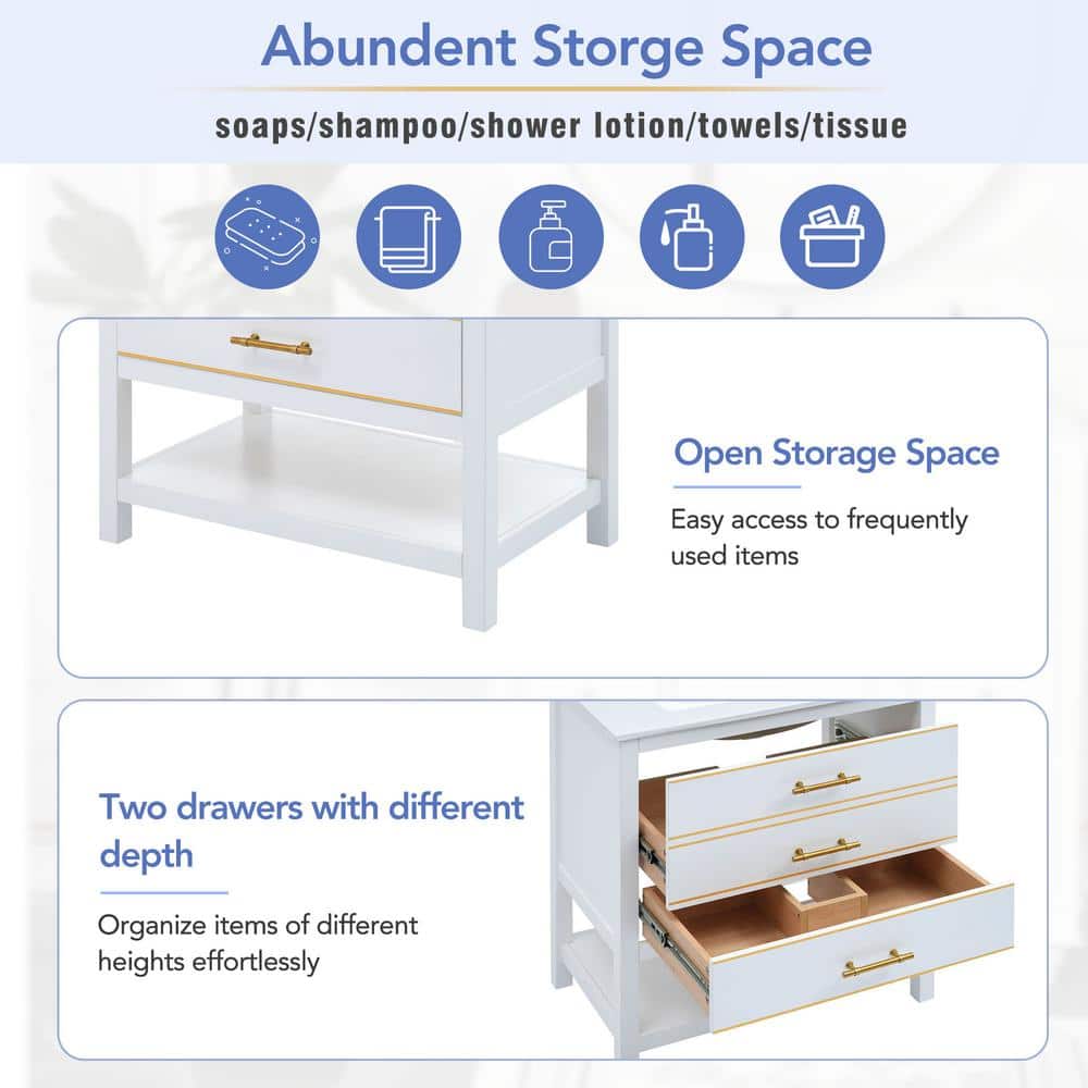 White and Gold Freestanding Single Sink Vanity with Ceramic Top
