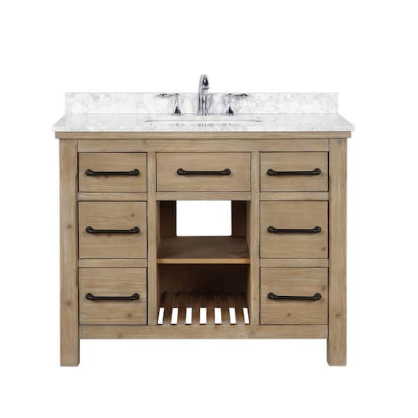 Ari Kitchen and Bath Lauren 42 in. Single Bath Vanity in Weathered Fir with Marble Vanity Top in Carrara White with White Basin