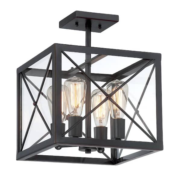 High Line 14 in. 4-Light Satin Bronze Industrial Entryway Semi-Flush Mount with Clear Glass Panels